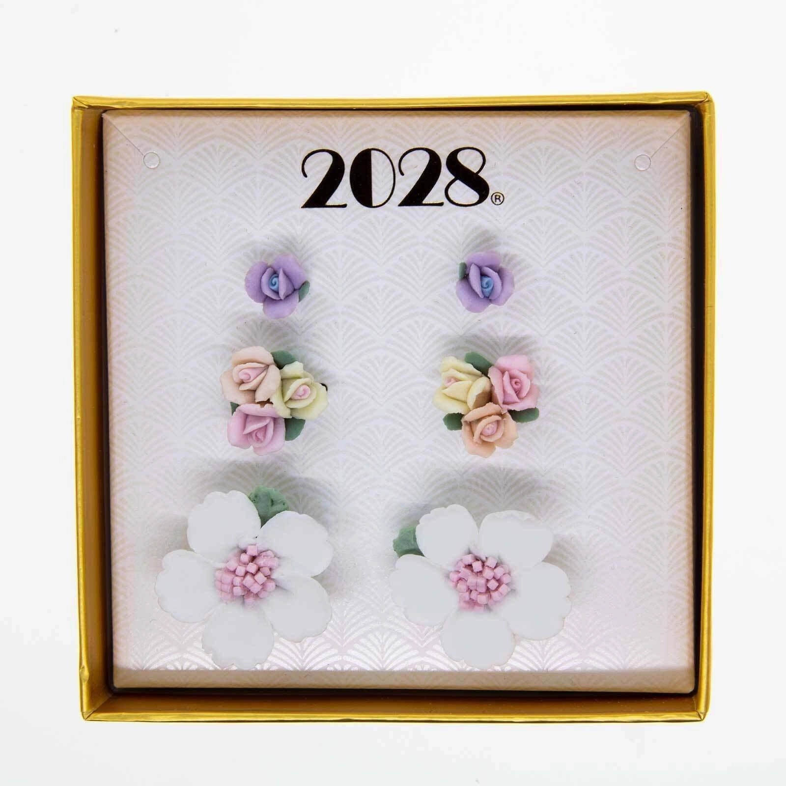 1928 Jewelry 3 Piece Porcelain Rose In A Box Earring Set