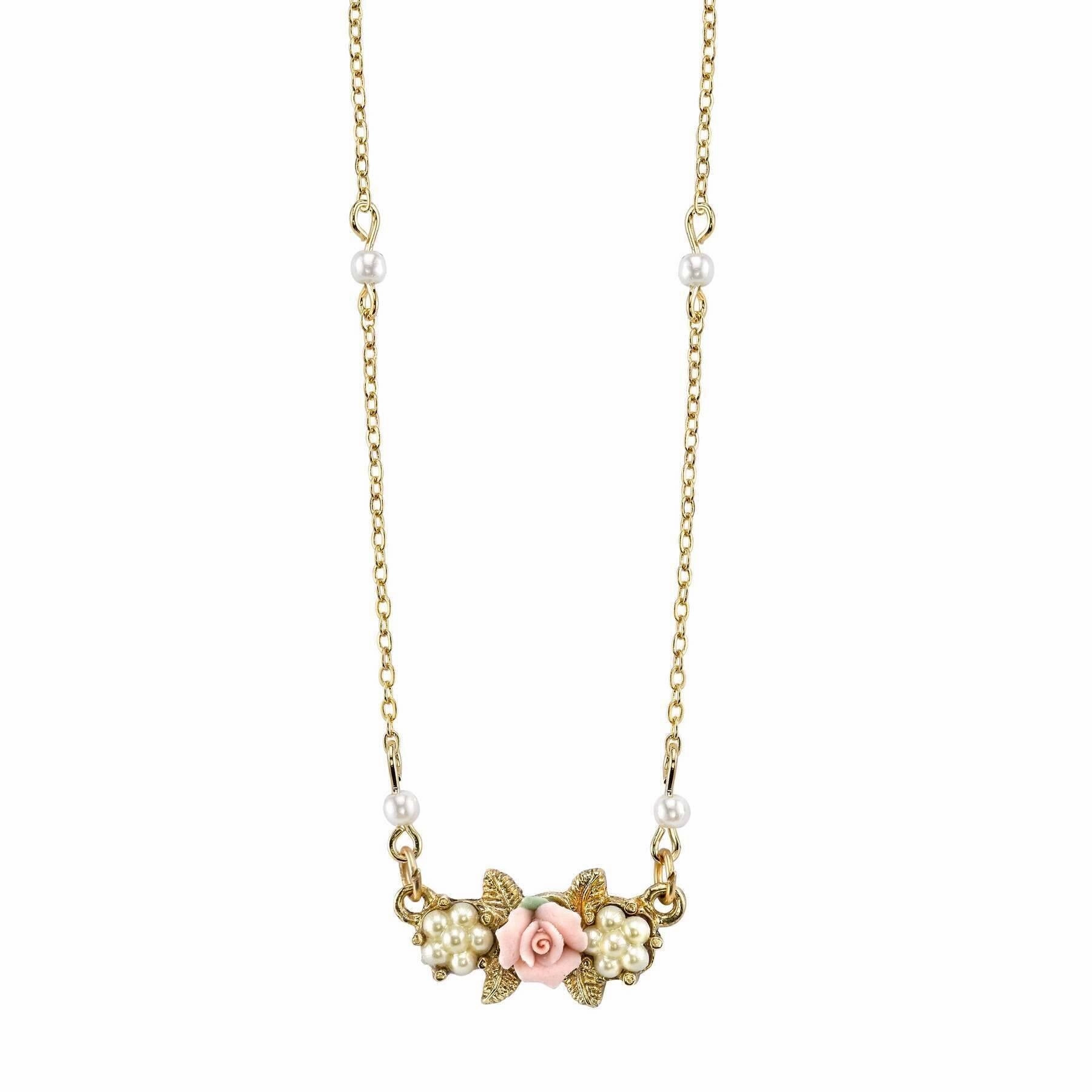 1928 Jewelry Faux Pearl Pink Porcelain Rose Pendant Necklace 16"   3" Extender
