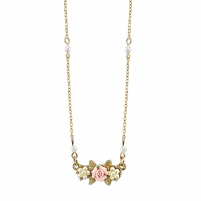 1928 Jewelry Faux Pearl Pink Porcelain Rose Pendant Necklace 16"   3" Extender