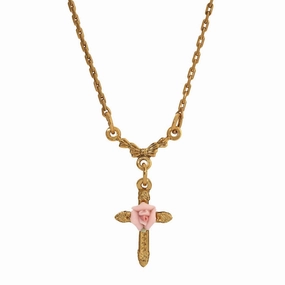 1928 Jewelry Pink Porcelain Rose Cross Pendant Necklace 16"   3" Extension