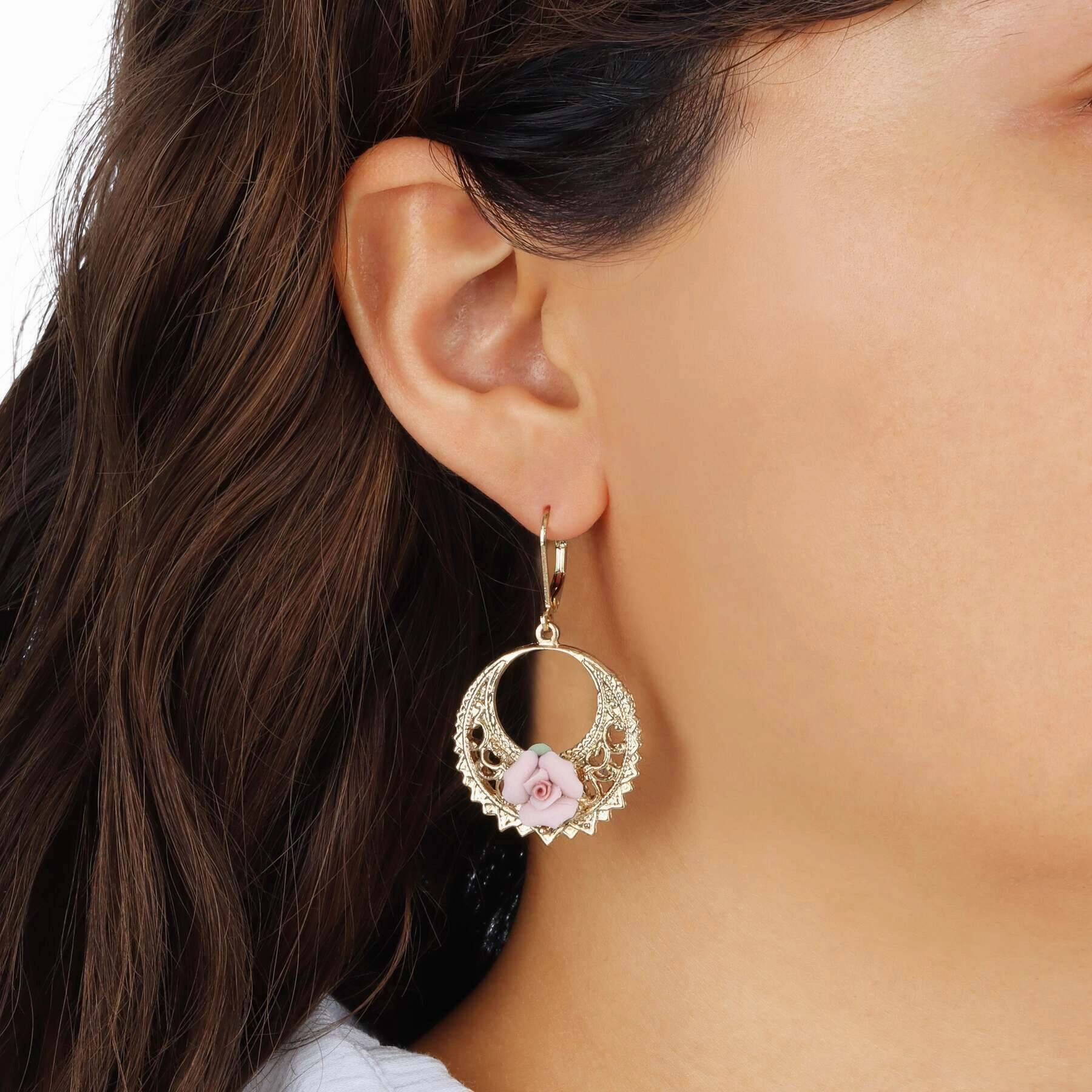 1928 Jewelry Pink Porcelain Rose Hoop Earrings