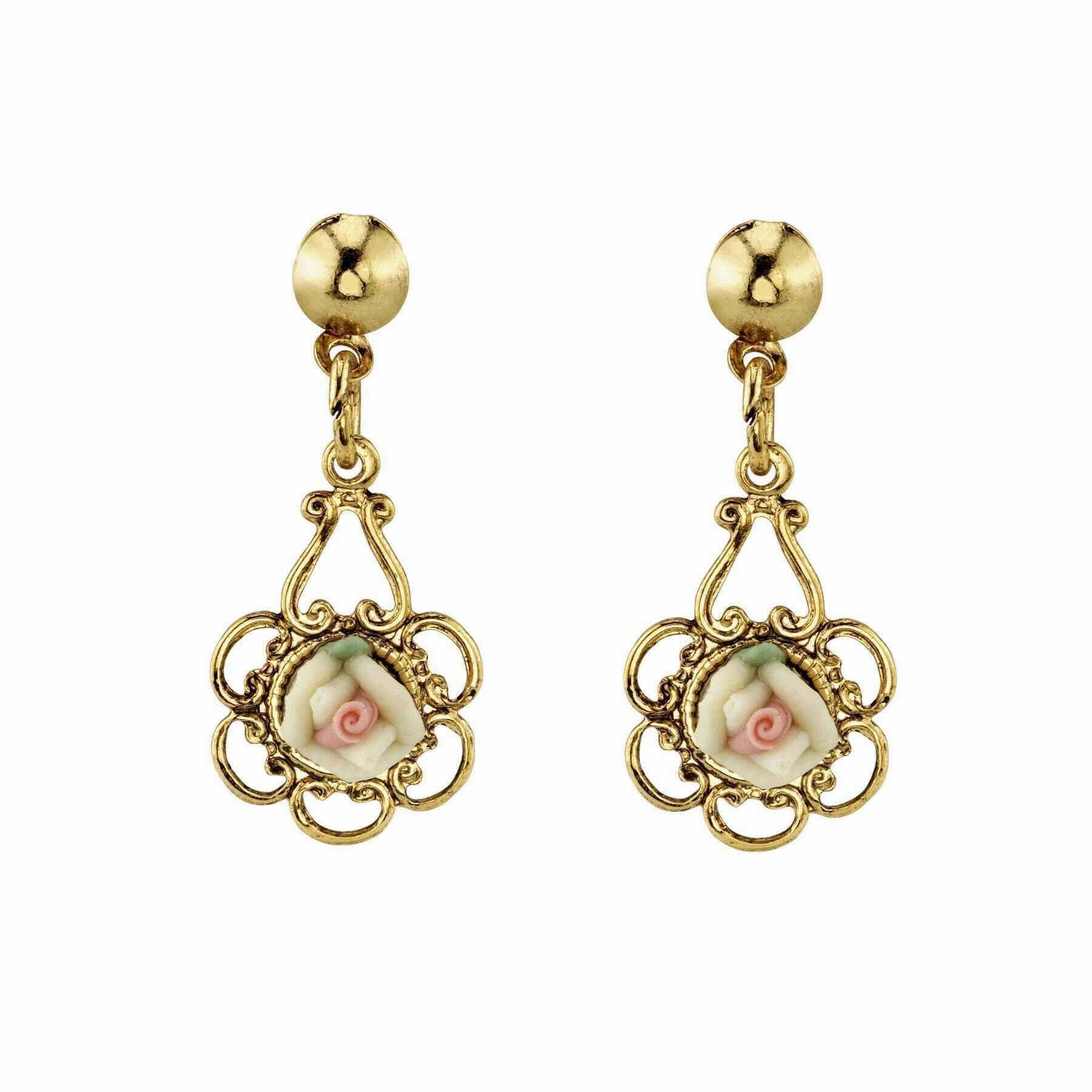 1928 Jewelry Porcelain Rose Drop Earrings