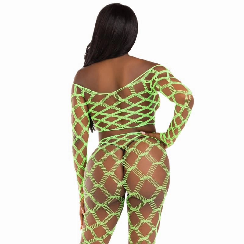 2 Pc Net Crop Top and Footless Tights - One Size - Neon Green