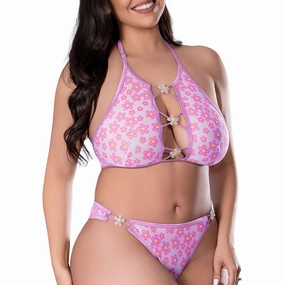 Exposed Daisy Charm UV-Reactive Halter Bralette & Panty Set - Curvy