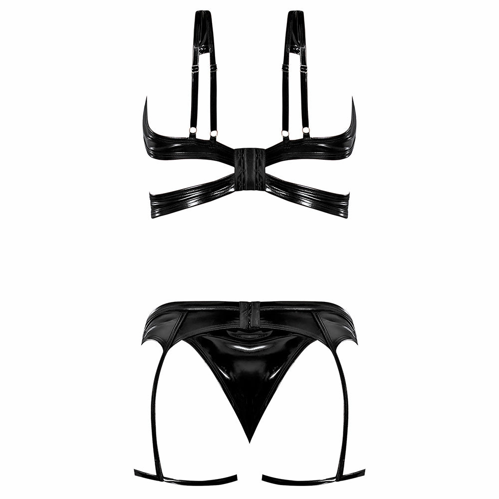 Exposed Liquid Onyx Wet Look Cutout 3-Piece Lingerie Set