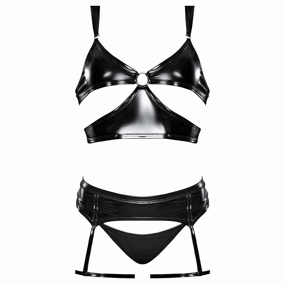 Exposed Liquid Onyx Wet Look Cutout 3-Piece Lingerie Set