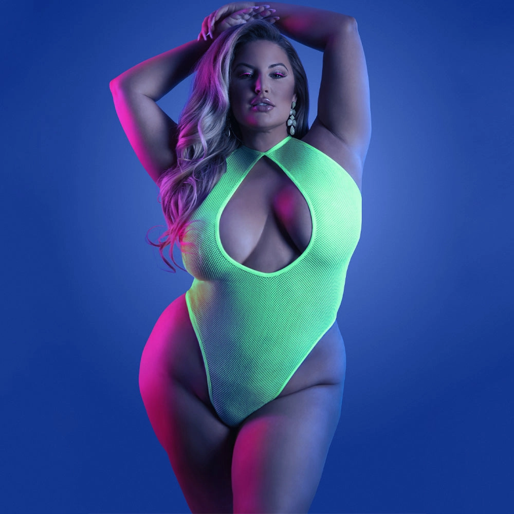Fantasy Lingerie Glow Nocturnal Halter Keyhole Thong Teddy - Curvy
