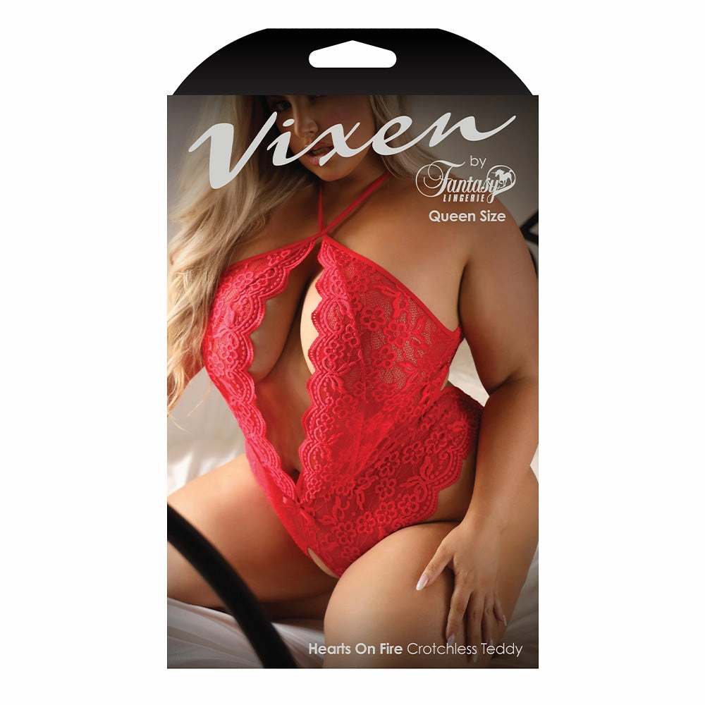 Fantasy Lingerie Hearts of Fire Pearl-Back Crotchless Teddy - Curvy