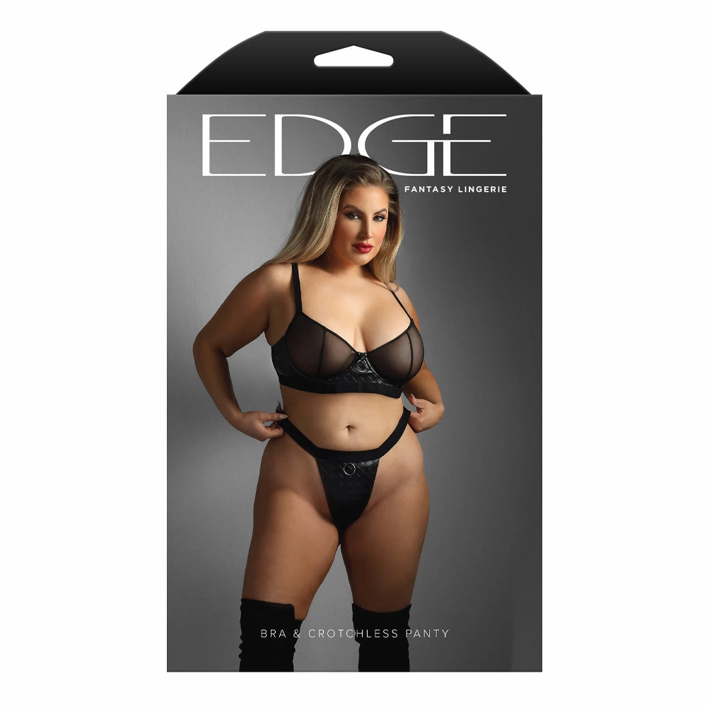 Fantasy Lingerie Quilted Wet Look Mesh Bra & Crotchless Panty - Curvy