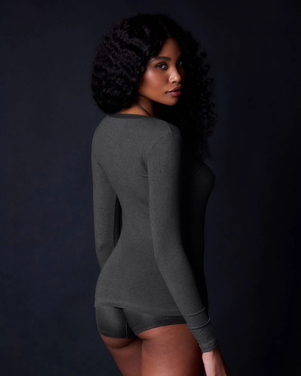 Fine Rib V Neck Long Sleeve