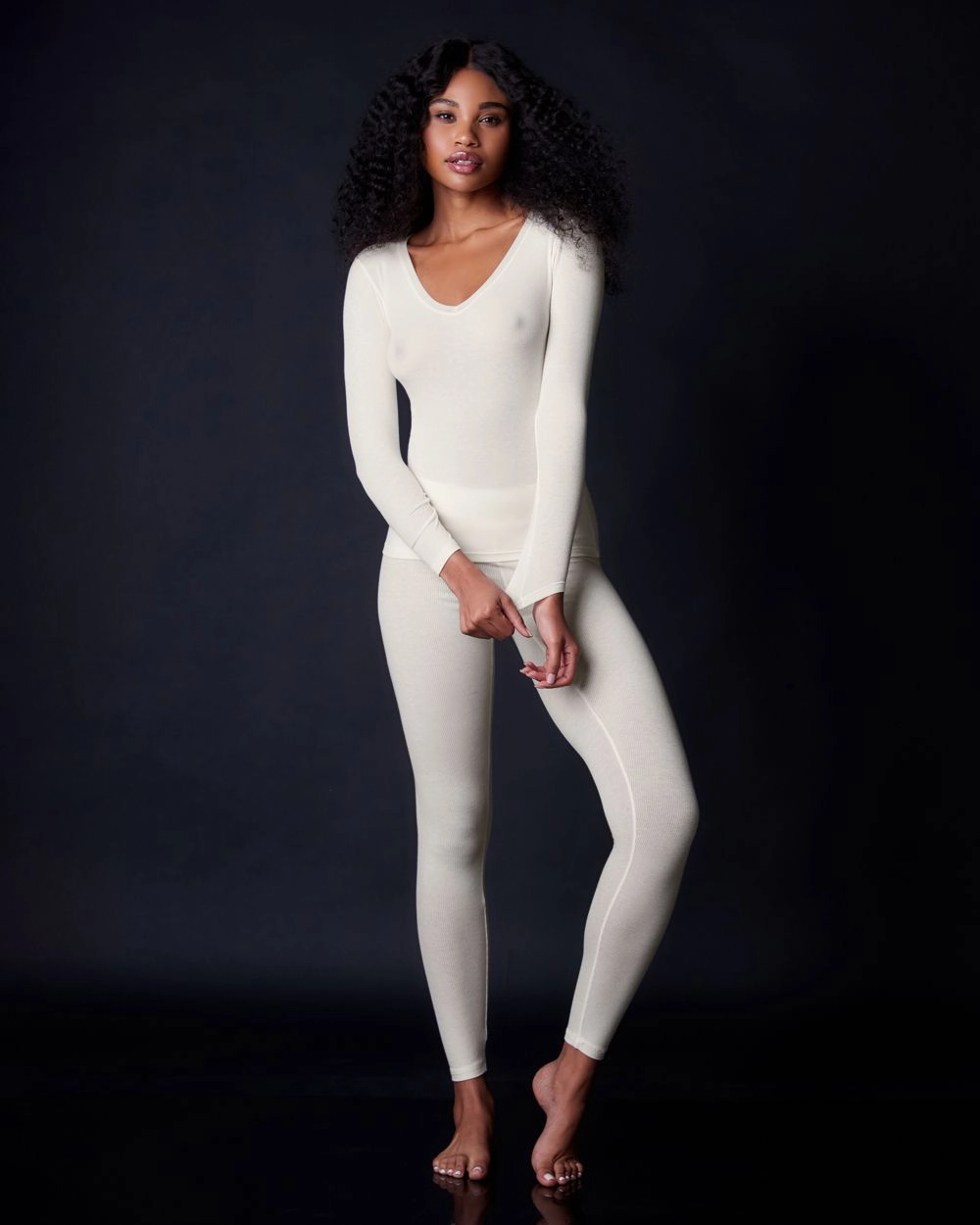 Fine Rib V Neck Long Sleeve