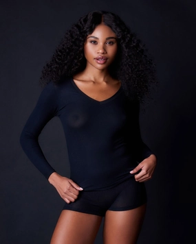 Fine Rib V Neck Long Sleeve