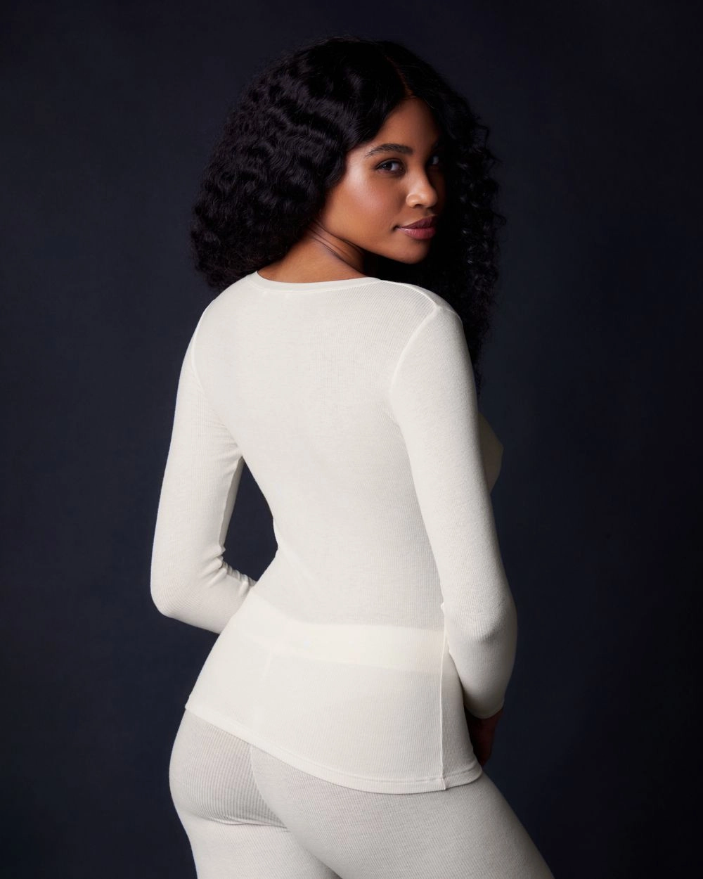 Fine Rib V Neck Long Sleeve