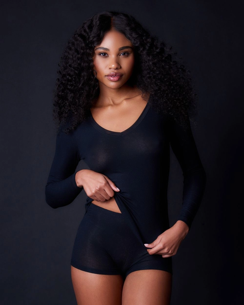 Fine Rib V Neck Long Sleeve
