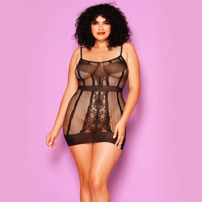 Glitter Feel Special Sheer Lace Striped Knit Chemise - Curvy