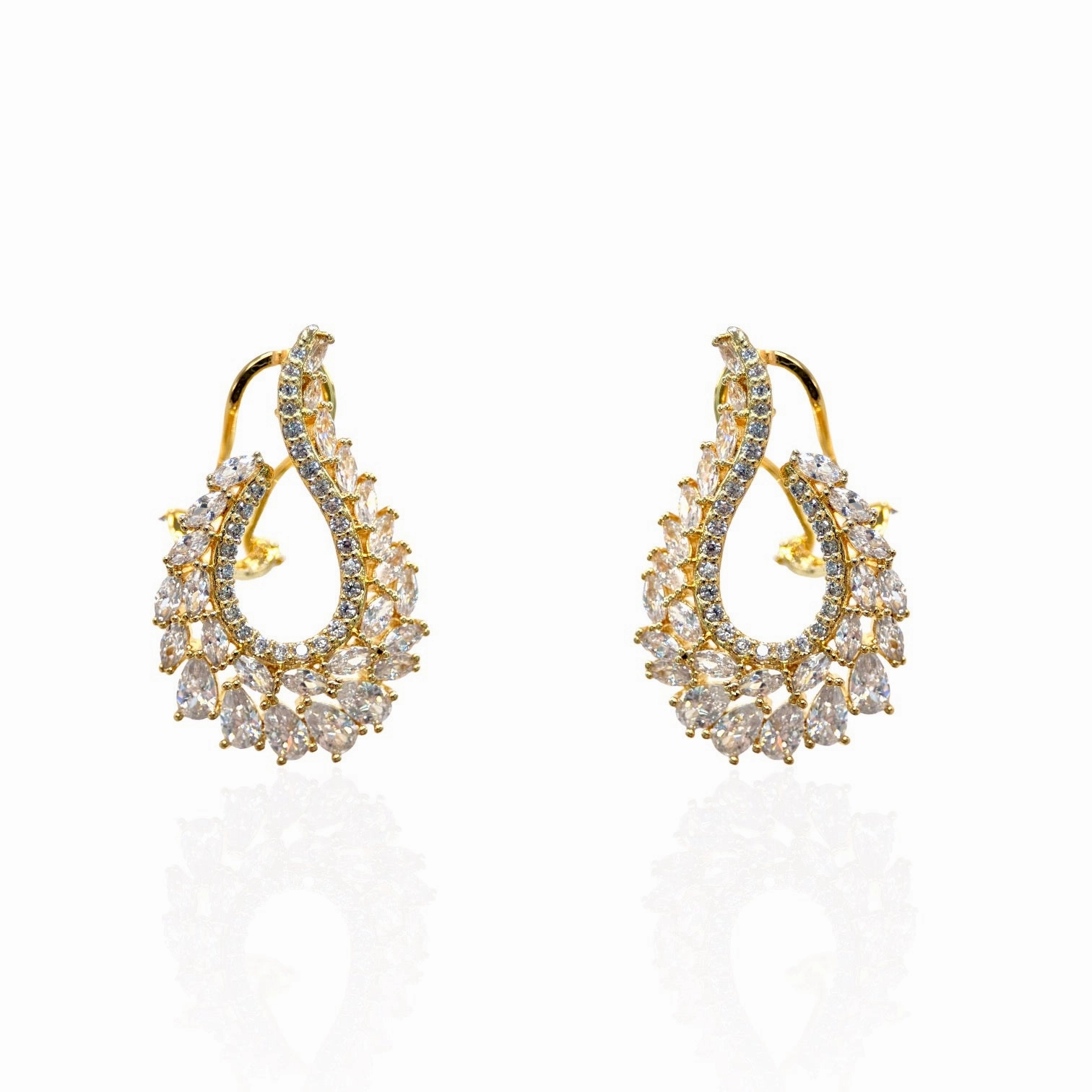 Gold Plated Dressy Open Oval Earrings with Marquis shaped CZs