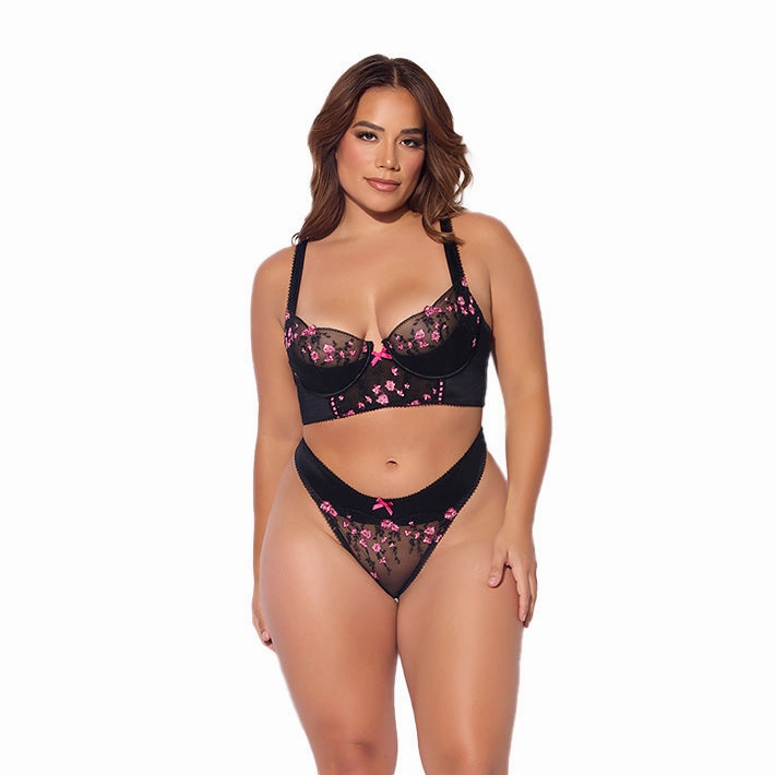 Harper Embroidered Mesh Micro Longline Bra & Thong Set