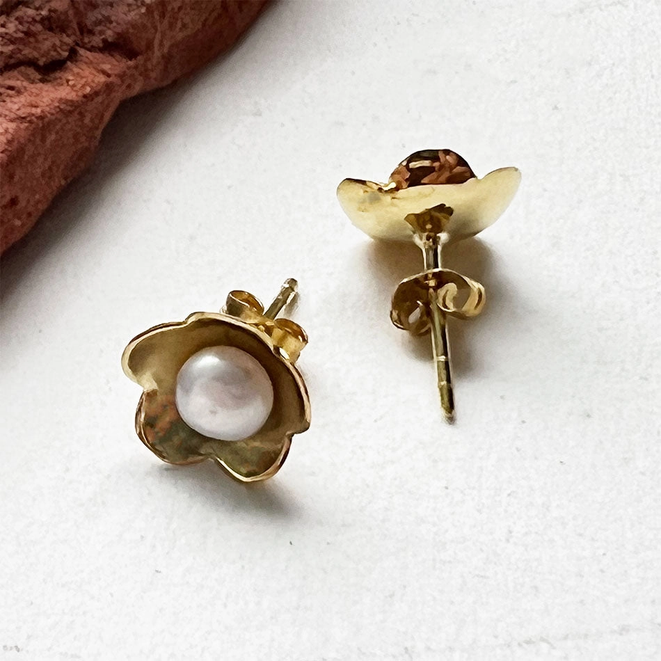 Hidden Pearl Studs - Brass, Indonesia