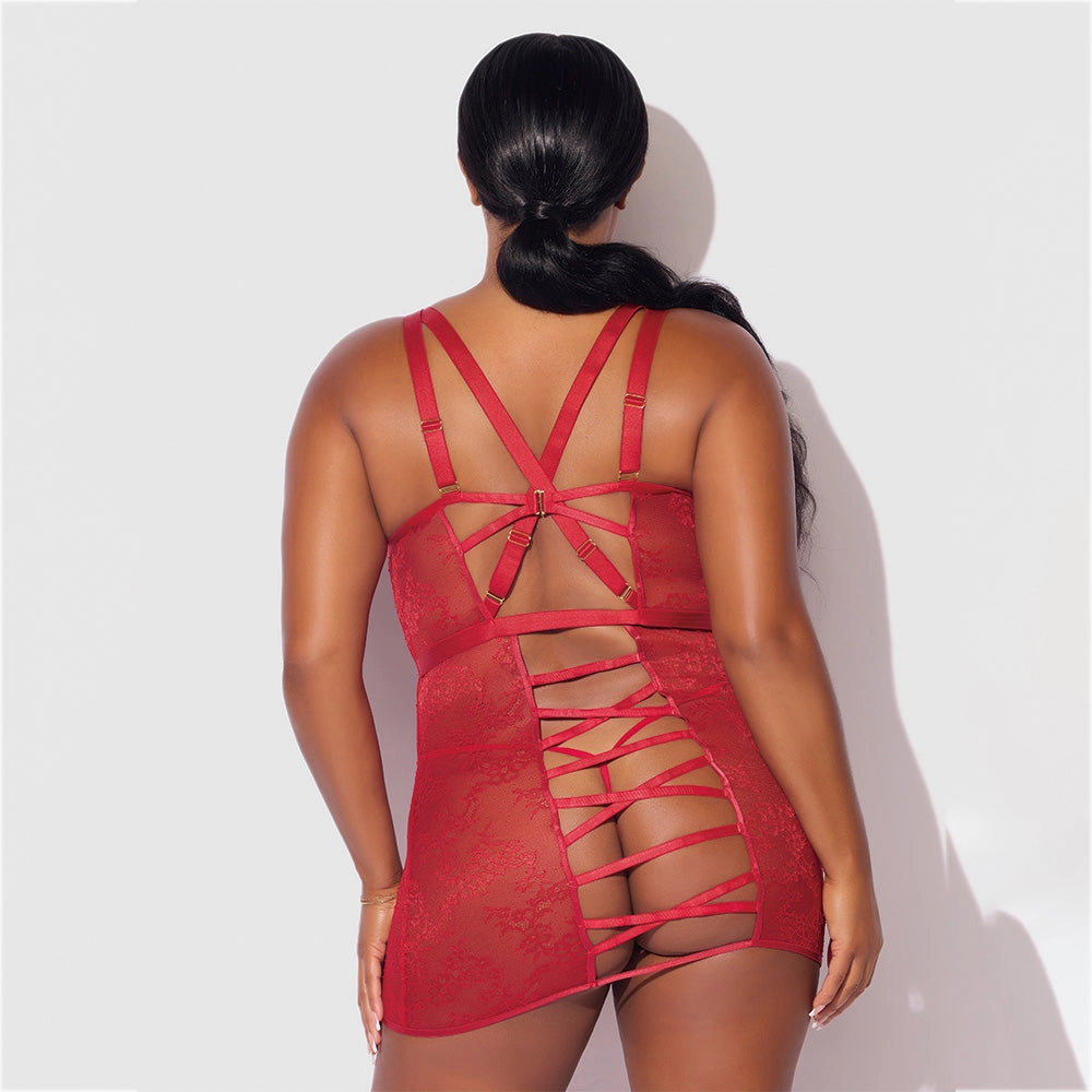 House of Desire Kiki Strappy Back Lace Chemise & G-String - Curvy