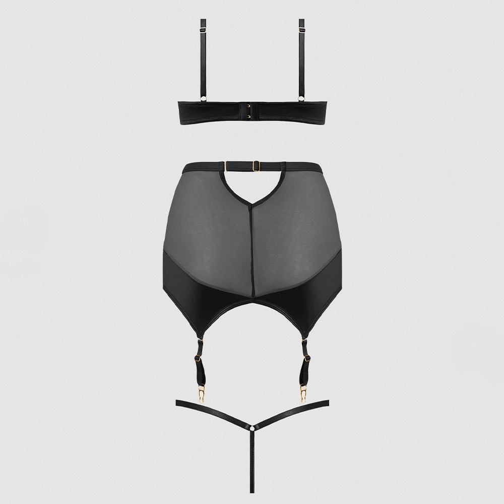 House of Desire Raquel Mesh Satin Bra, Garter Skirt & Thong