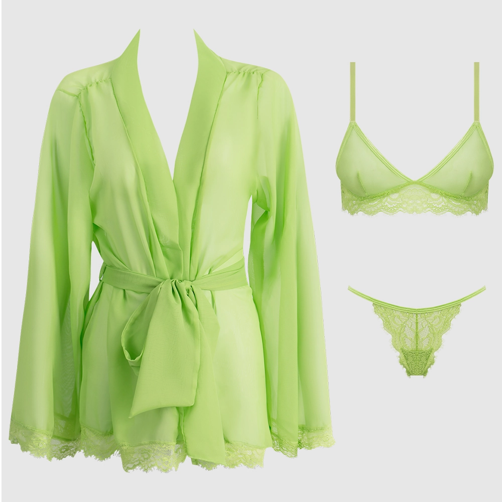 House of Desire Shavon Sheer Chiffon & Lace Trim Kimono Robe