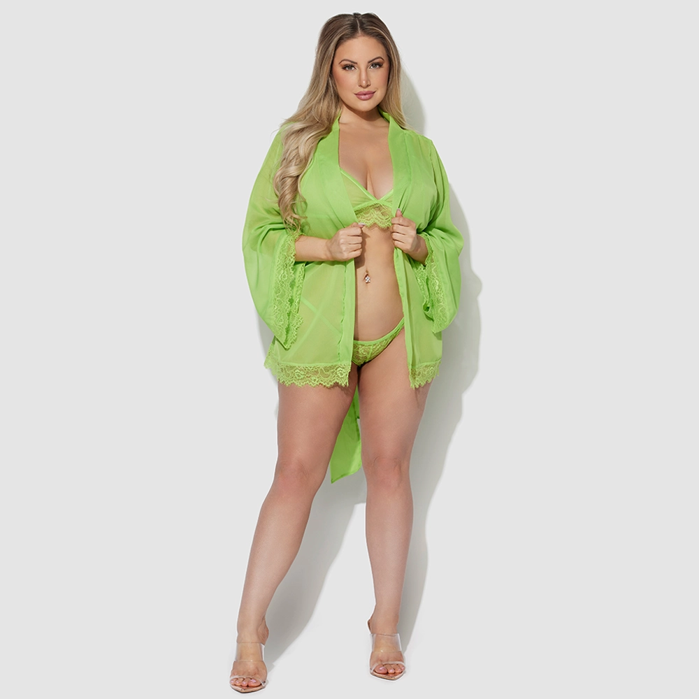 House of Desire Shavon Sheer Chiffon & Lace Trim Kimono Robe - Curvy