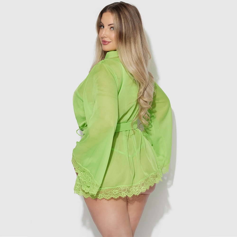 House of Desire Shavon Sheer Chiffon & Lace Trim Kimono Robe - Curvy