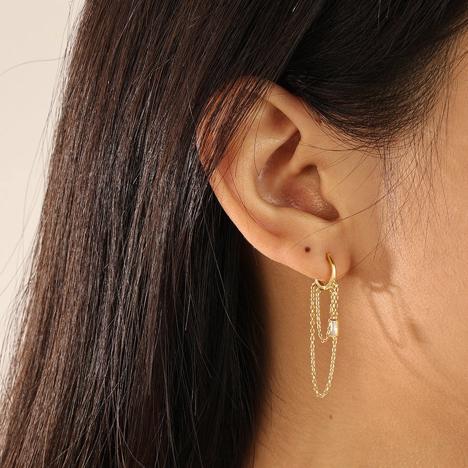Huggie Hoop Chain Drop Earrings