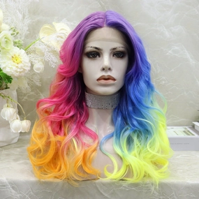 IMstyle Dazzling Rainbow colorful wigs with 22inches wavy style T-part lace front synthetic wigs heat friendly
