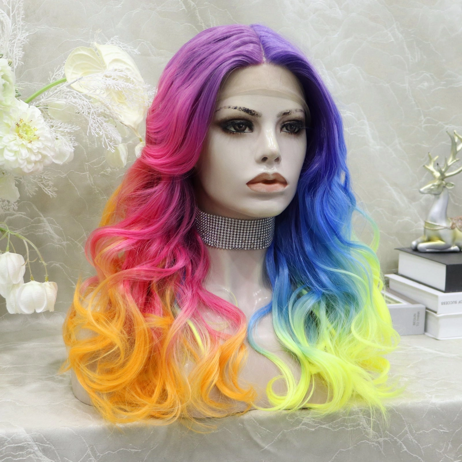 IMstyle Dazzling Rainbow colorful wigs with 22inches wavy style T-part lace front synthetic wigs heat friendly