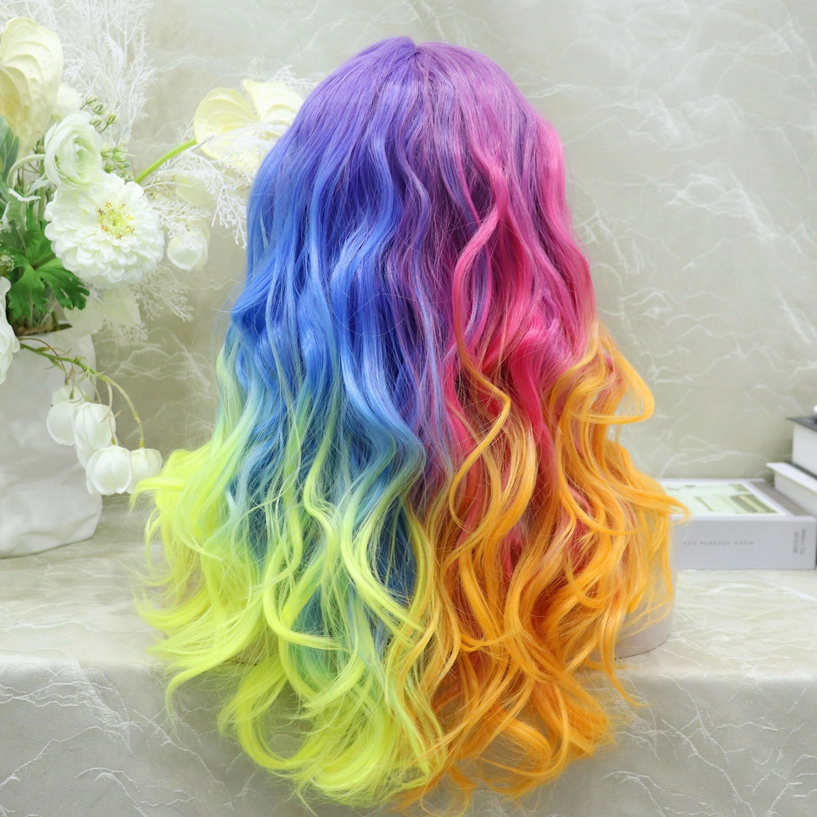 IMstyle Dazzling Rainbow colorful wigs with 22inches wavy style T-part lace front synthetic wigs heat friendly