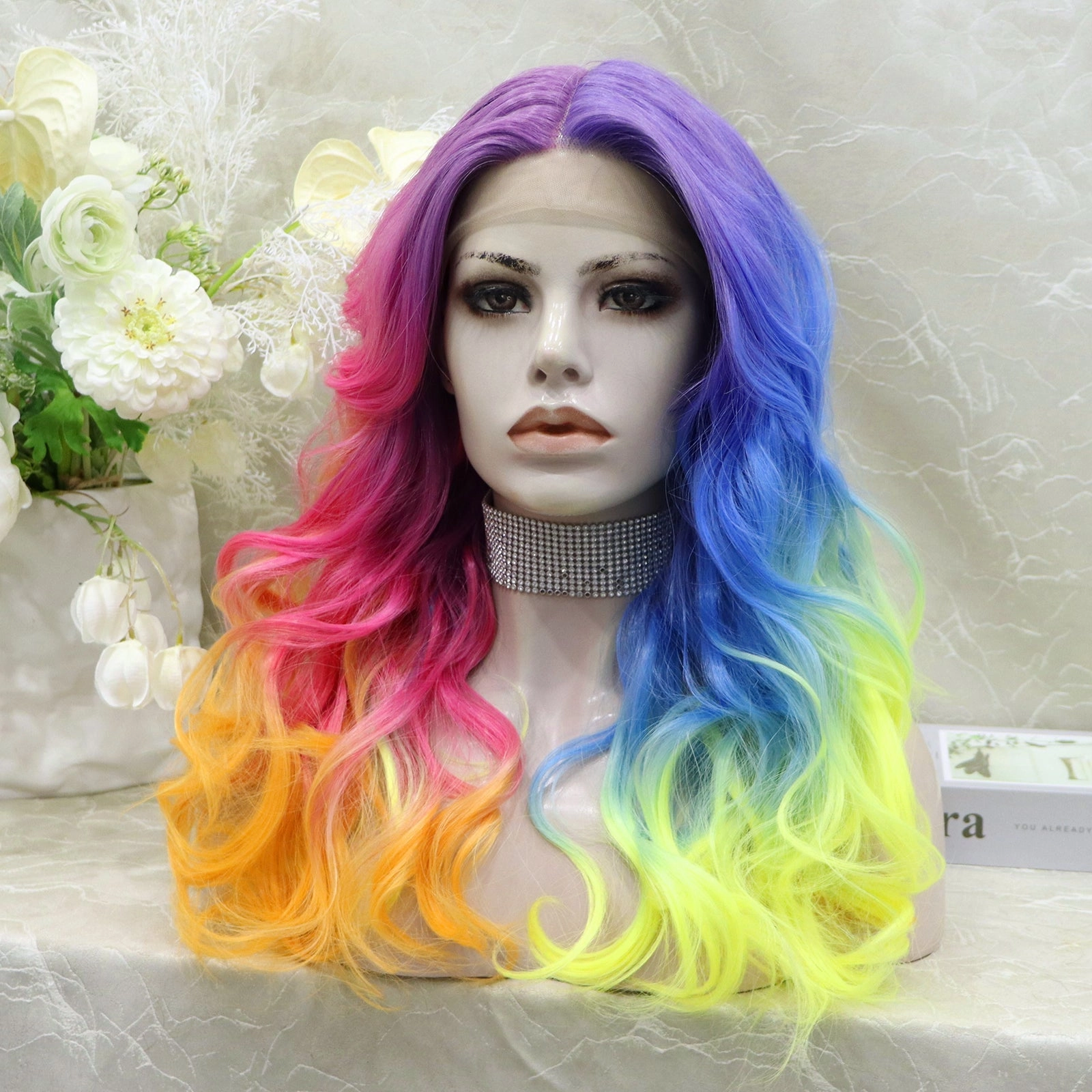 IMstyle Dazzling Rainbow colorful wigs with 22inches wavy style T-part lace front synthetic wigs heat friendly