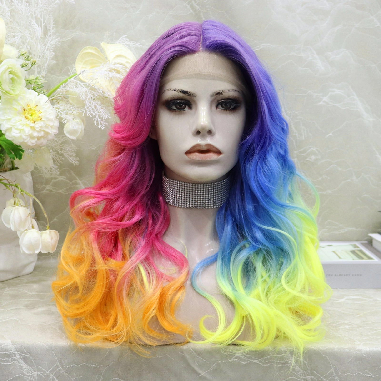 IMstyle Dazzling Rainbow colorful wigs with 22inches wavy style T-part lace front synthetic wigs heat friendly