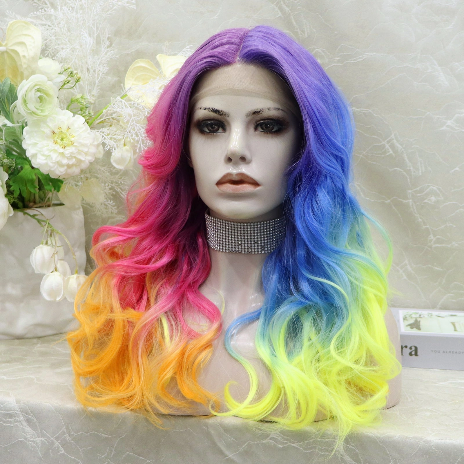 IMstyle Dazzling Rainbow colorful wigs with 22inches wavy style T-part lace front synthetic wigs heat friendly
