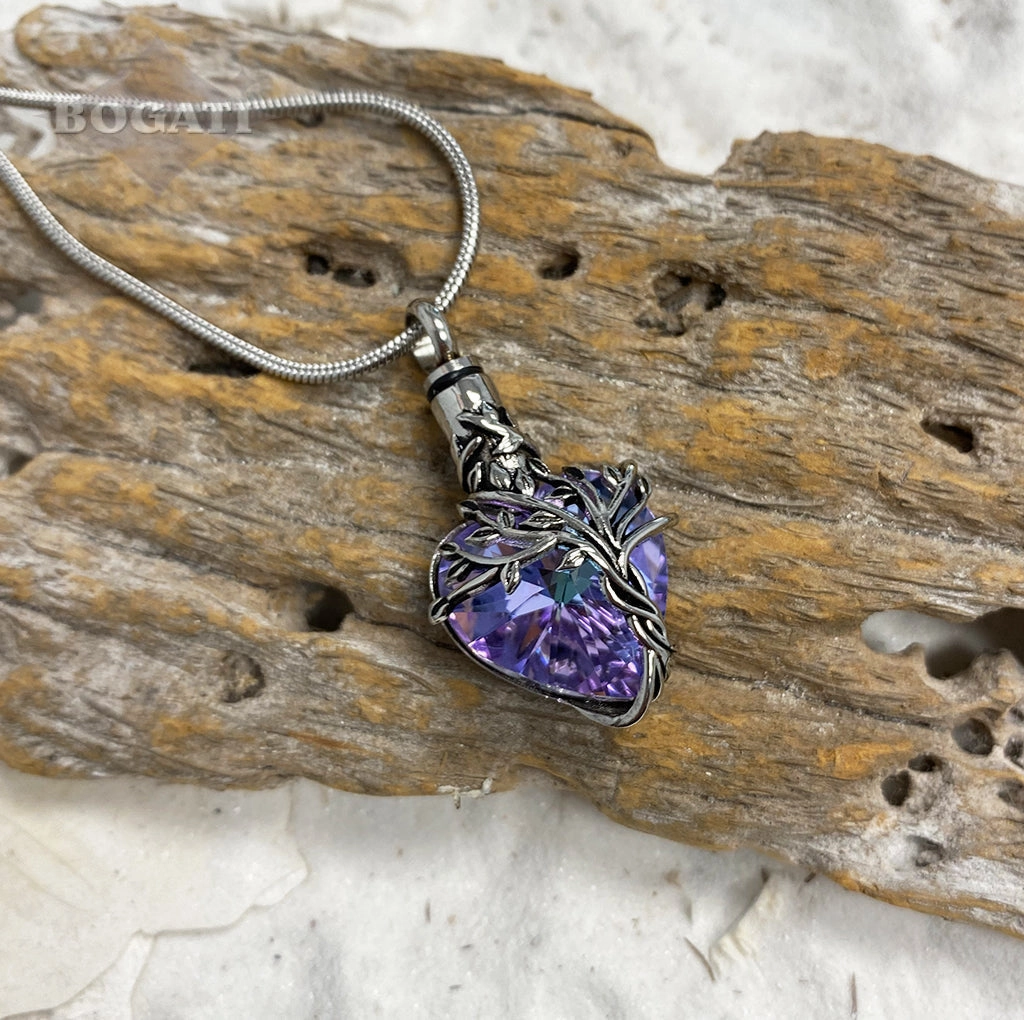 J-2505- Iridescent Cut Glass Heart with Tree of Life- Pendant with Chain