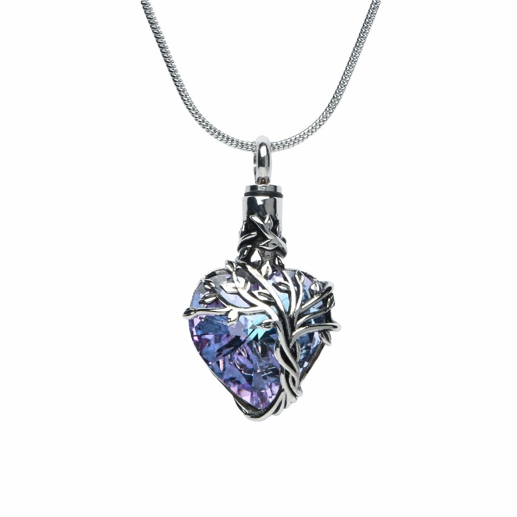 J-2505- Iridescent Cut Glass Heart with Tree of Life- Pendant with Chain
