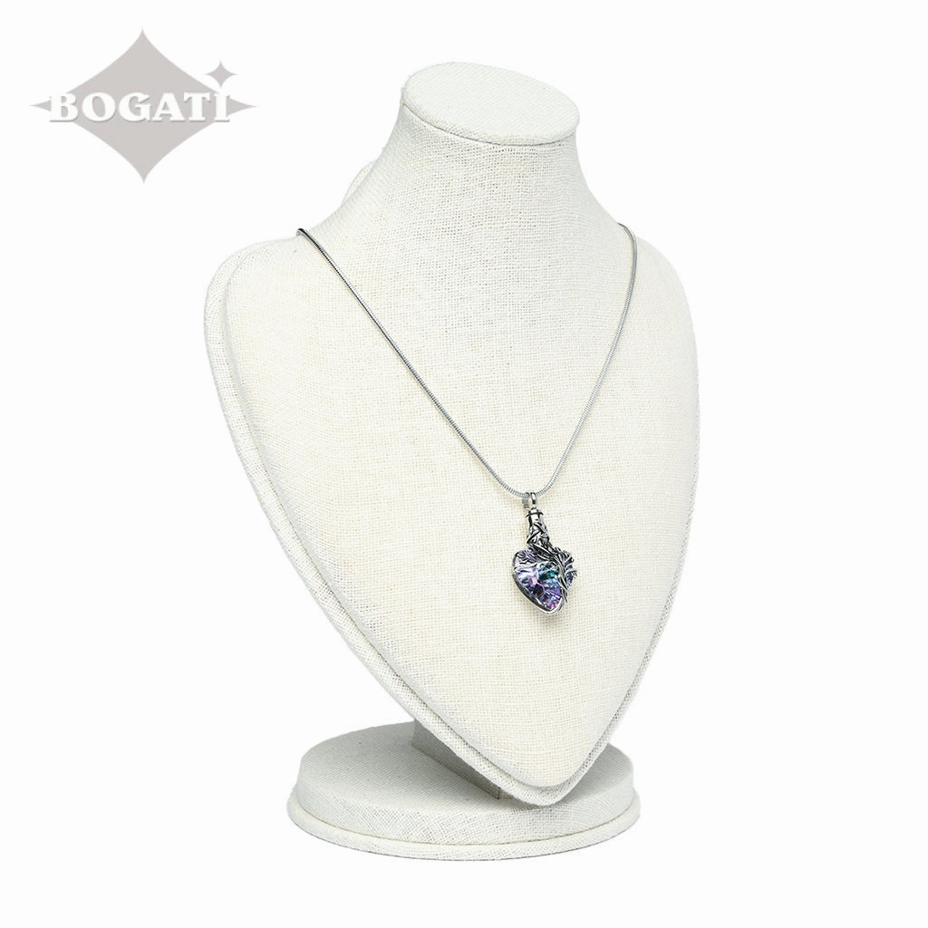 J-2505- Iridescent Cut Glass Heart with Tree of Life- Pendant with Chain