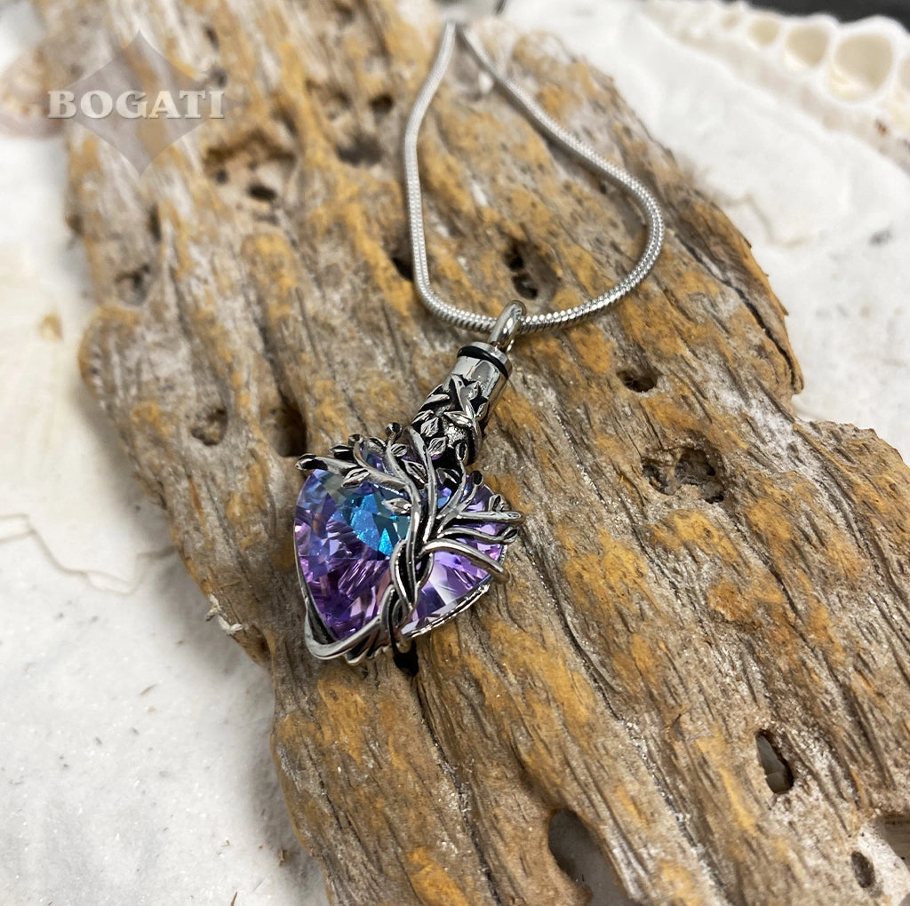 J-2505- Iridescent Cut Glass Heart with Tree of Life- Pendant with Chain