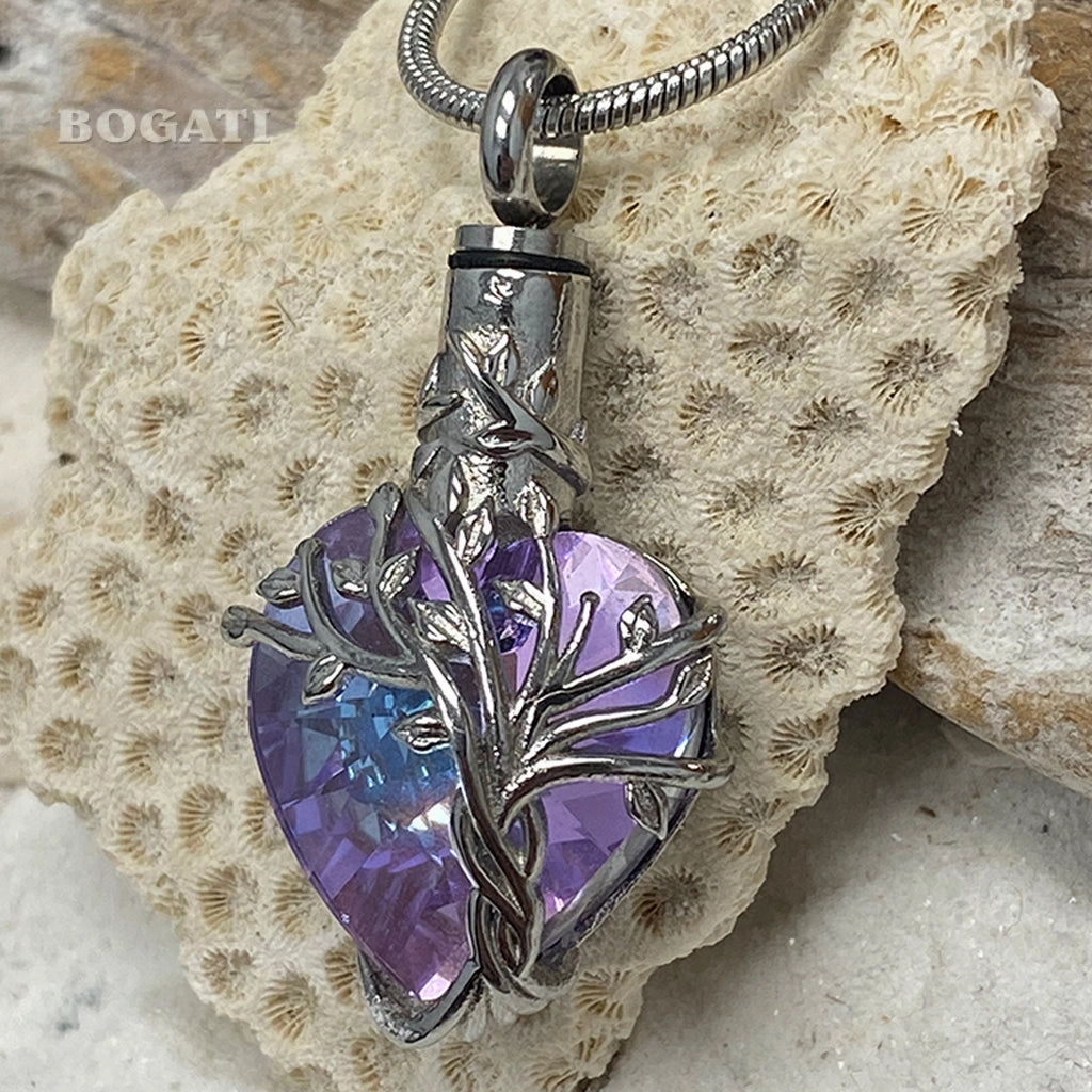 J-2505- Iridescent Cut Glass Heart with Tree of Life- Pendant with Chain