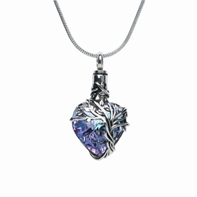 J-2505- Iridescent Cut Glass Heart with Tree of Life- Pendant with Chain