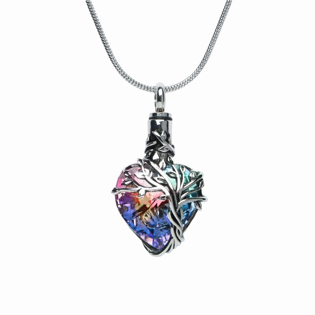 J-2505- Iridescent Cut Glass Heart with Tree of Life- Pendant with Chain