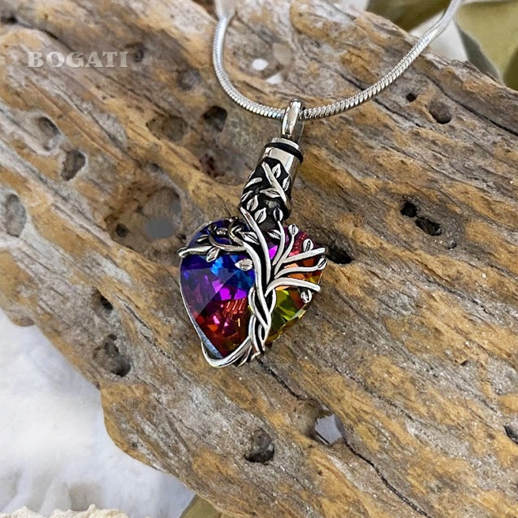 J-2505- Iridescent Cut Glass Heart with Tree of Life- Pendant with Chain