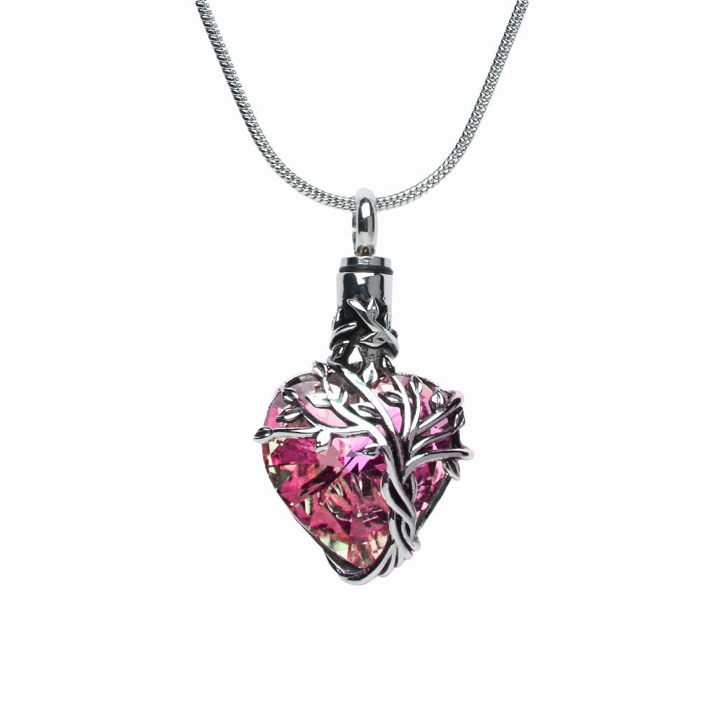J-2505- Iridescent Cut Glass Heart with Tree of Life- Pendant with Chain