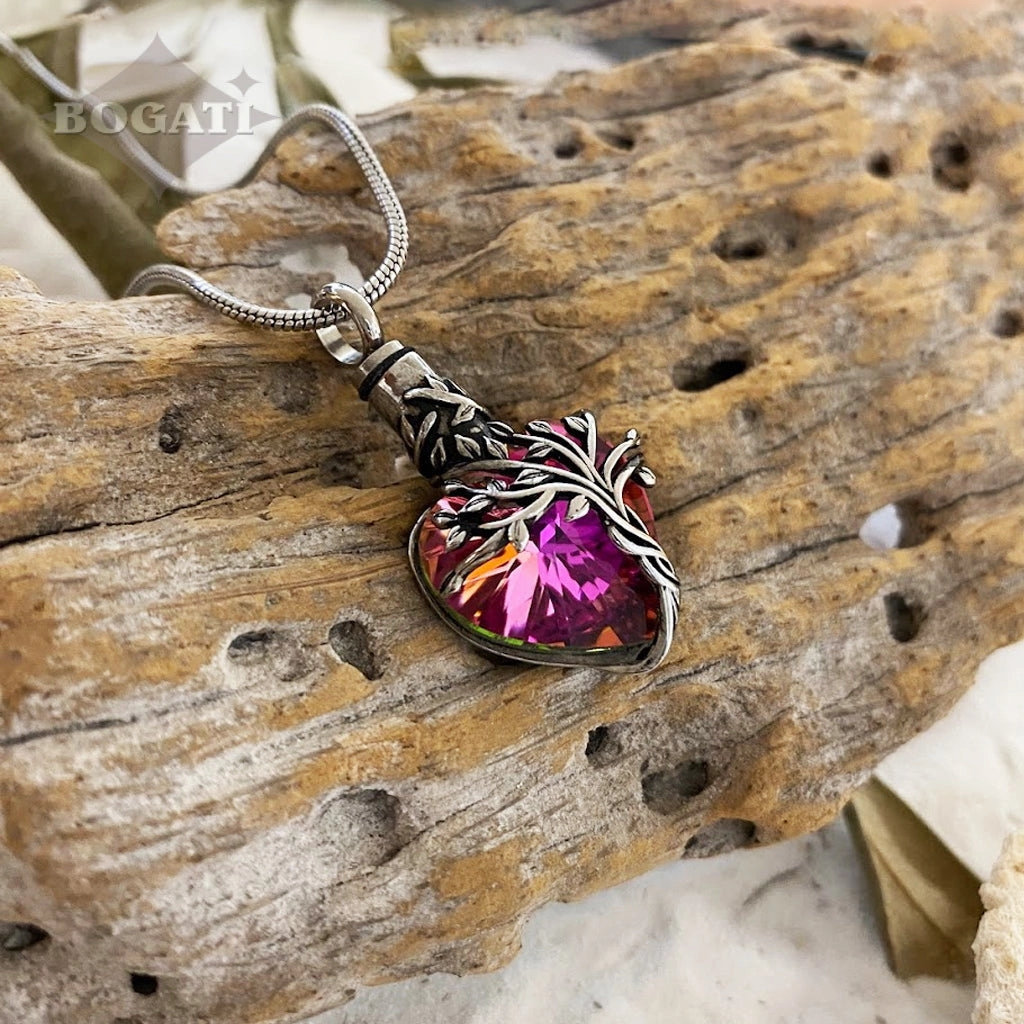 J-2505- Iridescent Cut Glass Heart with Tree of Life- Pendant with Chain