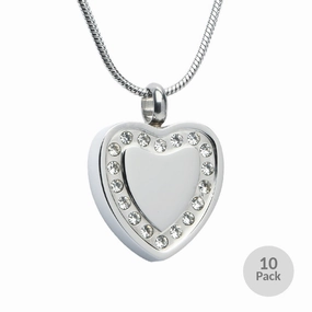 J-764- Silver Heart with Rhinestones – Pendant with Chain  - Pack of 10