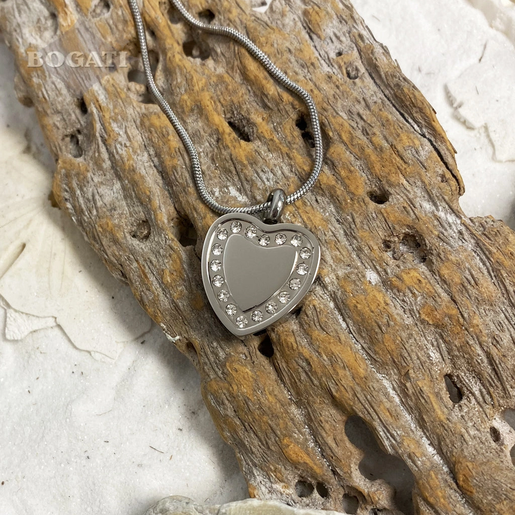 J-764- Silver Heart with Rhinestones – Pendant with Chain  - Pack of 10