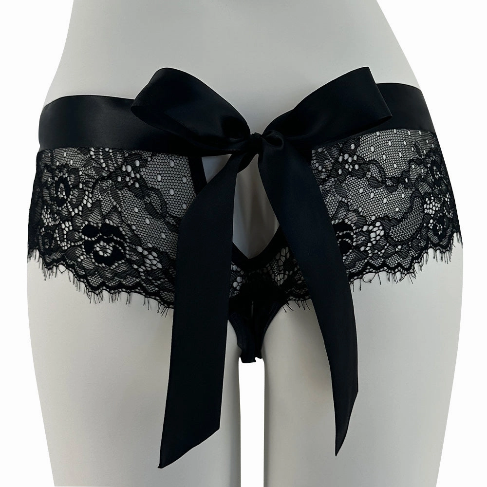 JSY Crotchless Sheer Lace & Tie-Up Ribbon Bow Thong