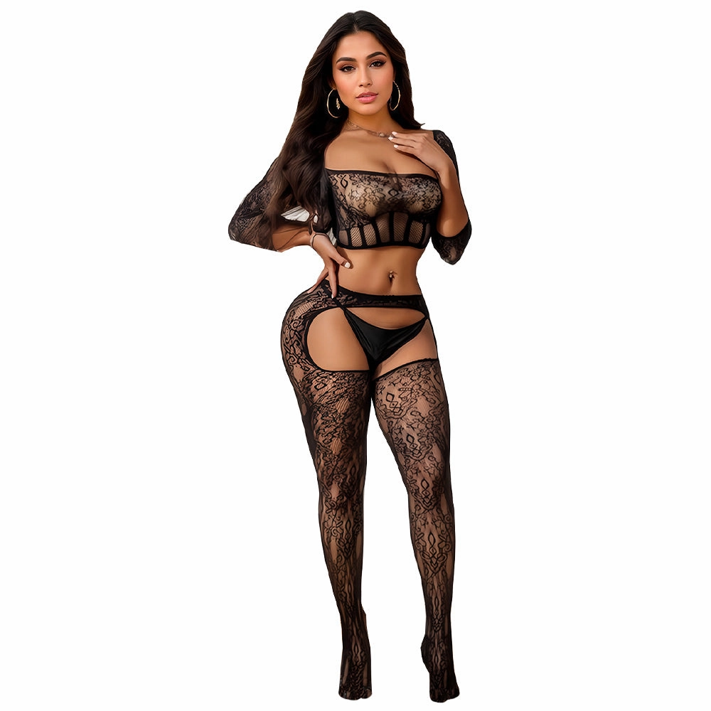 JSY Lace Net Bodystocking Top & Crotchless Open-Rear Leggings