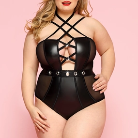 JSY Wet Look & Mesh Criss-Cross Strappy Bodysuit - Curvy