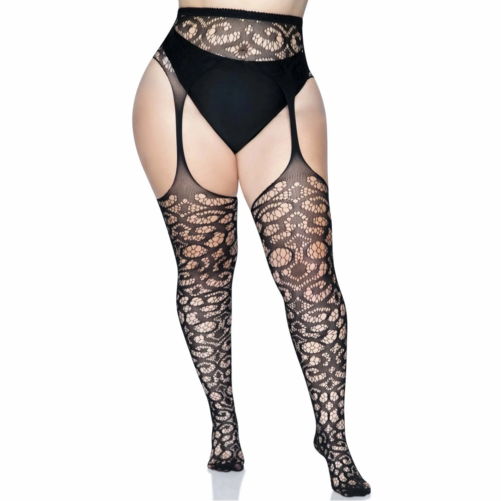 Leg Avenue Gia Scroll Lace Crotchless Garter Pantyhose - Curvy